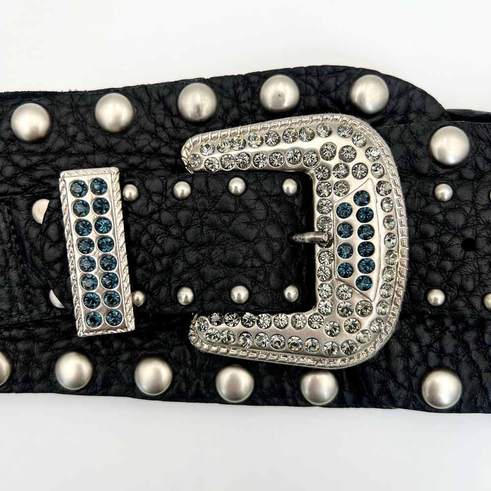 Vintage Leatherock Wide Hip Belt L Black Leather Rhinestone Studded Y2K Rockstar
